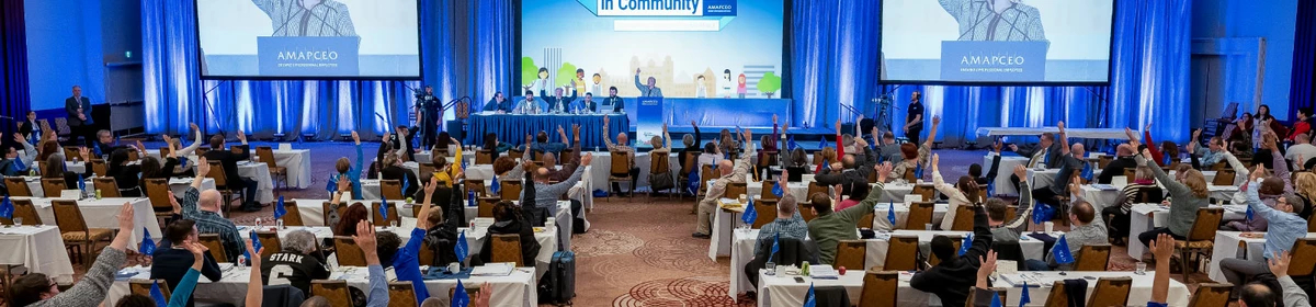 The entire crowd at an AMAPCEO ADC shot from behind while raising their hand to vote