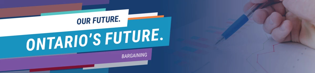 bargaining graphic and image of a hand holding a pen over charts