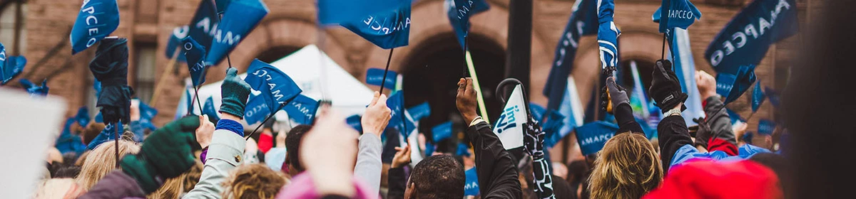 Group of AMAPCEO members waving flags at a demonstration