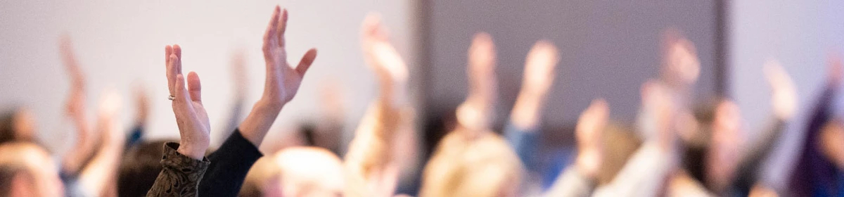 A crowd of hands raised to vote