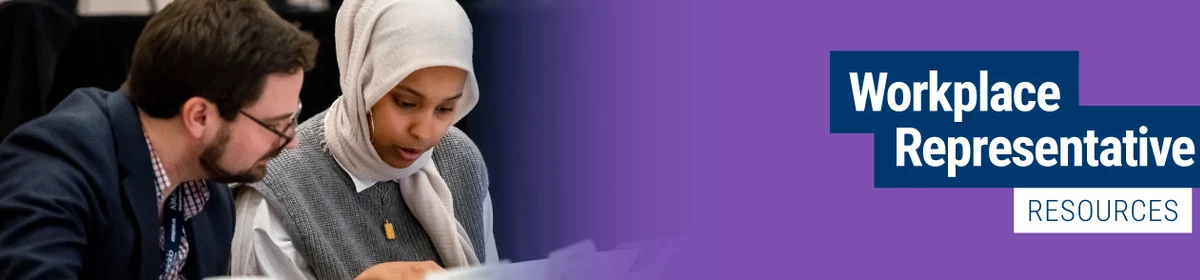 Two members looking at a document "Workplace Representative Resources"