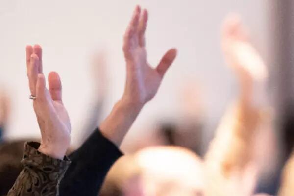 A crowd of hands raised to vote