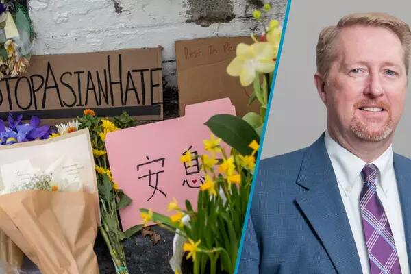 Composite photo of Dave Bulmer and a memorial to the people killed in the anti-Asian attack in Georgia