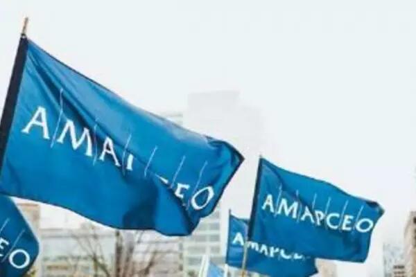 Four AMAPCEO flags waving in wind