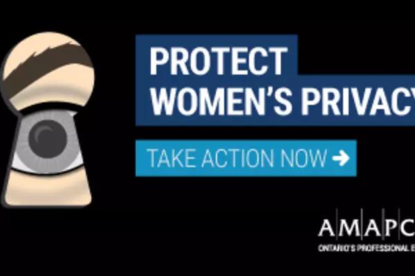 An eye looking through a keyhole "Protect women's privacy take action now"