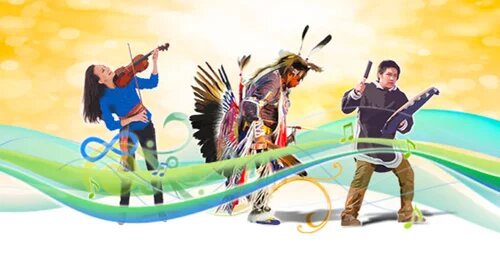 image of indigenous people playing instruments and in traditional clothing