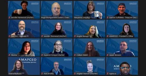 Photo collage of AMAPCEO members on camera with AMAPCEO Zoom backgrounds