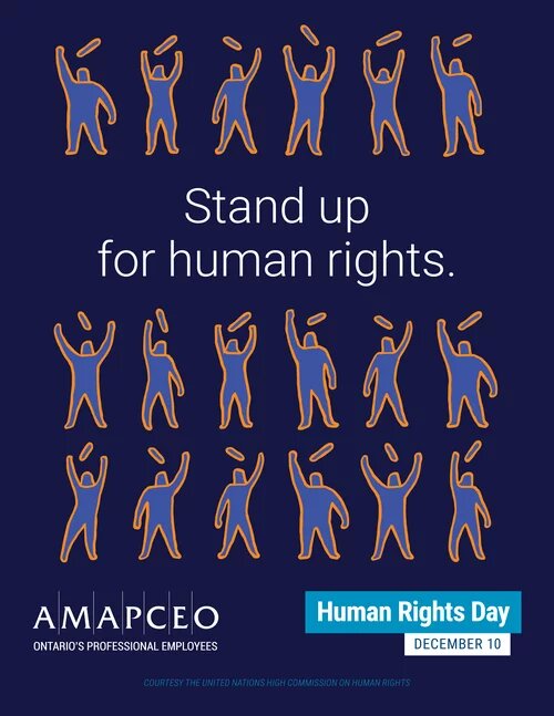 images of people with hands up and text that says "stand up for human rights"