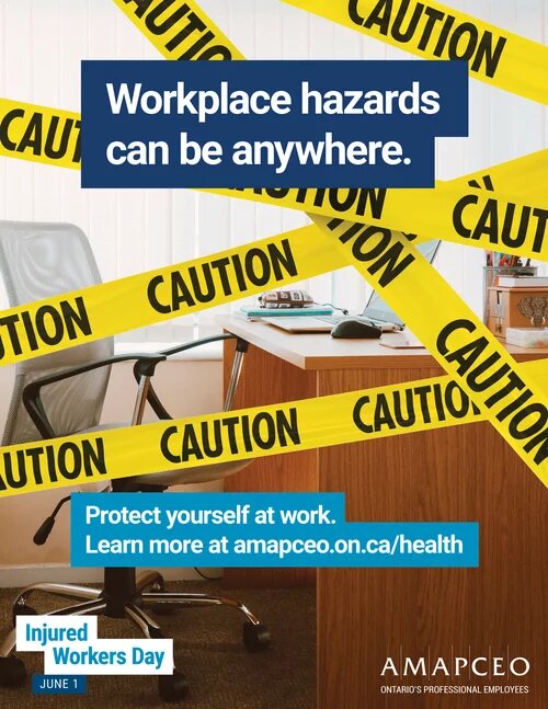 Caution tape in from of desk with text "Workplace hazards can be anywhere