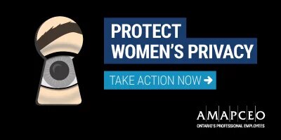 An eye looking through a keyhole "Protect women's privacy take action now"