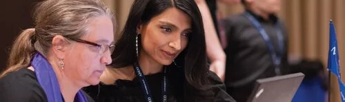 Two AMAPCEO members focussed on a laptop