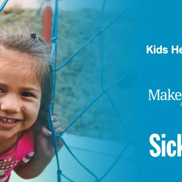 Photo of child with the Kids Help Phone, Make-A-Wish, and SickKids logos