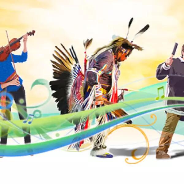 image of indigenous people playing instruments and in traditional clothing