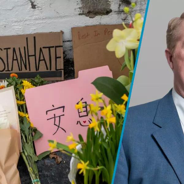 Composite photo of Dave Bulmer and a memorial to the people killed in the anti-Asian attack in Georgia