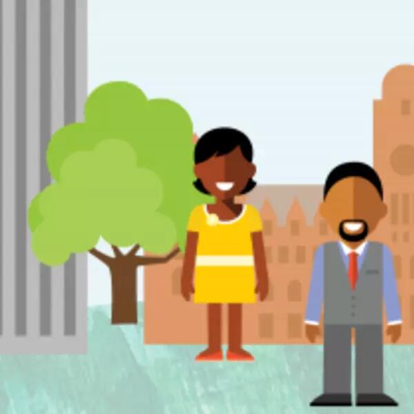 A graphic of a diverse group of people in front of Queen's Park.