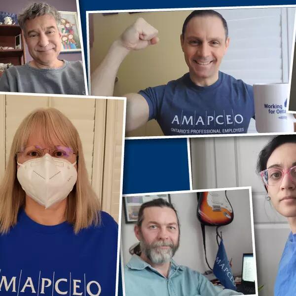 Photo collage of AMAPCEO members on camera with AMAPCEO Zoom backgrounds