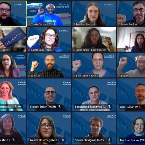 Collage of photos of AMAPCEO members wearing blue