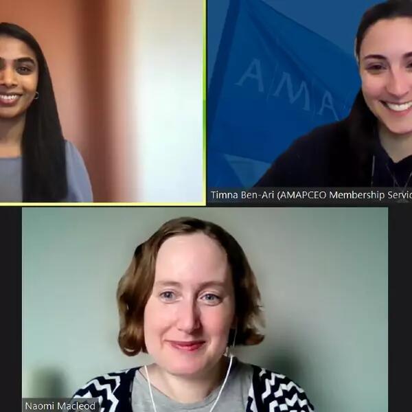 Zoom screenshot of Timna Ben-Ari, Naomi Macleod, and Sancgeetha Kulaseharan