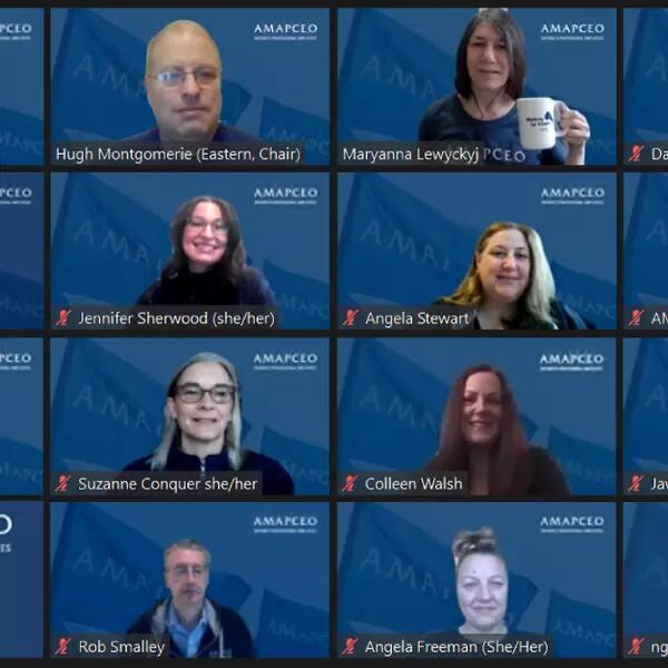 Photo collage of AMAPCEO members on camera with AMAPCEO Zoom backgrounds