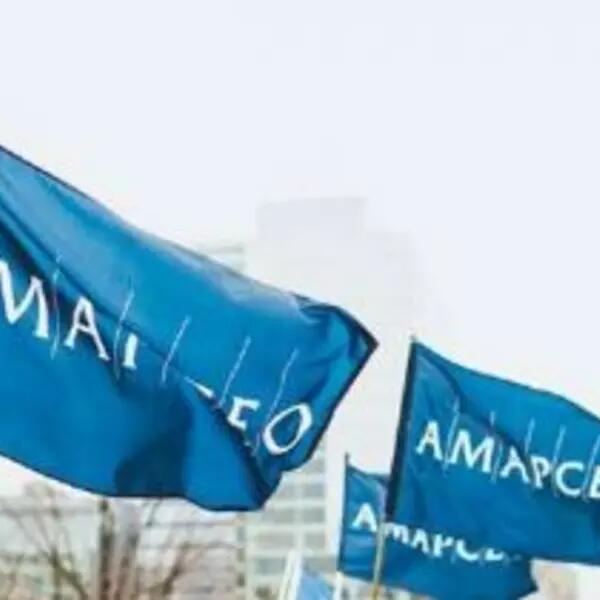Four AMAPCEO flags waving in wind